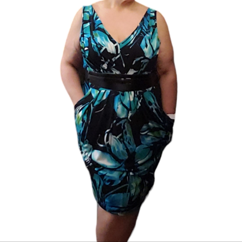 Bisou Bisou Blue & Green floral pattern Sleeveless Dress sz 18W